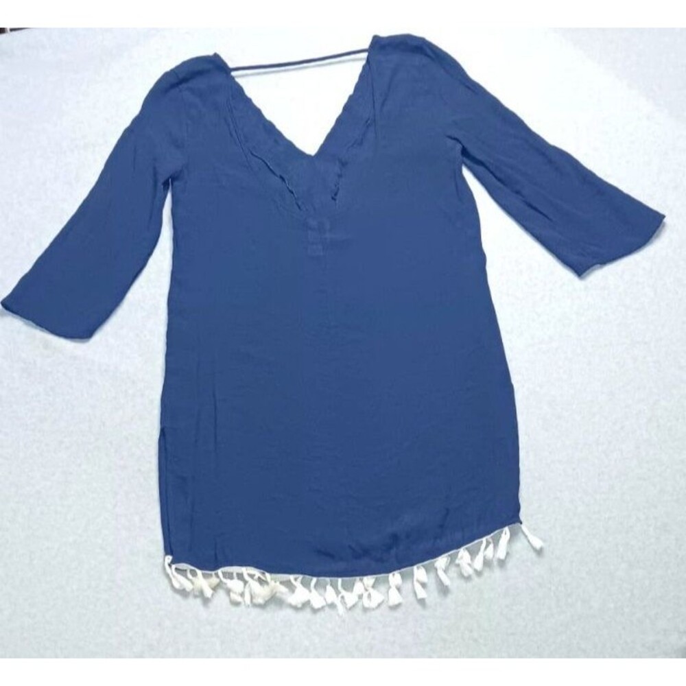 Kona Sol Swim Cover Up Tunic Dress Small Navy Blue Embroidered Tassel Beach Boho - Picture 10 of 10